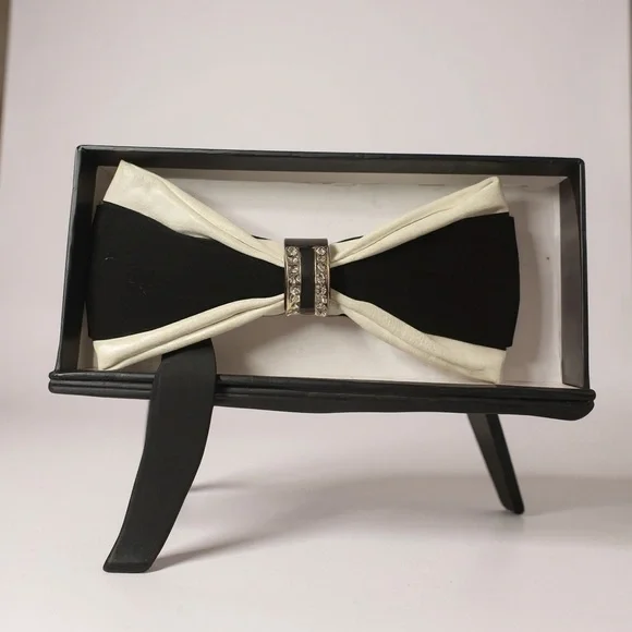 Hello Tie Elegant Black & White Rhinestone Bow Tie – Pre-Tied, Men’s Formal Wear - Picture 3 of 5